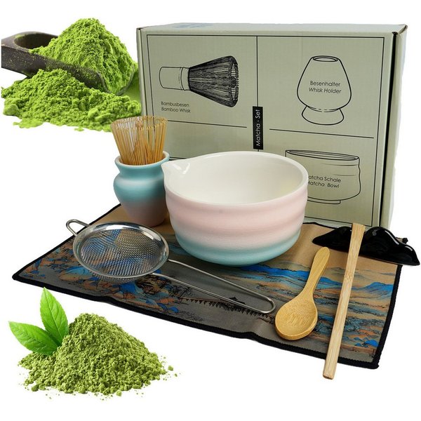AKKEE Teeservice 8 Stück Matcha Tee Set mit Matcha Besen Edelstahlsieb Schal, Matcha-Zubereitungsset