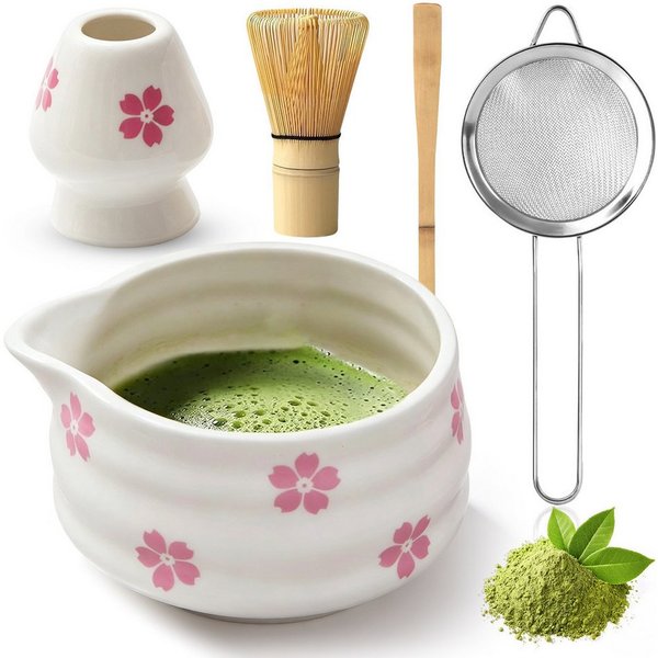AKKEE Teeservice Matcha Set mit Teeschale, Matchabesen und Besenhalter, 1 Personen, 5 Artikel Matcha-Zubehör aus Keramik