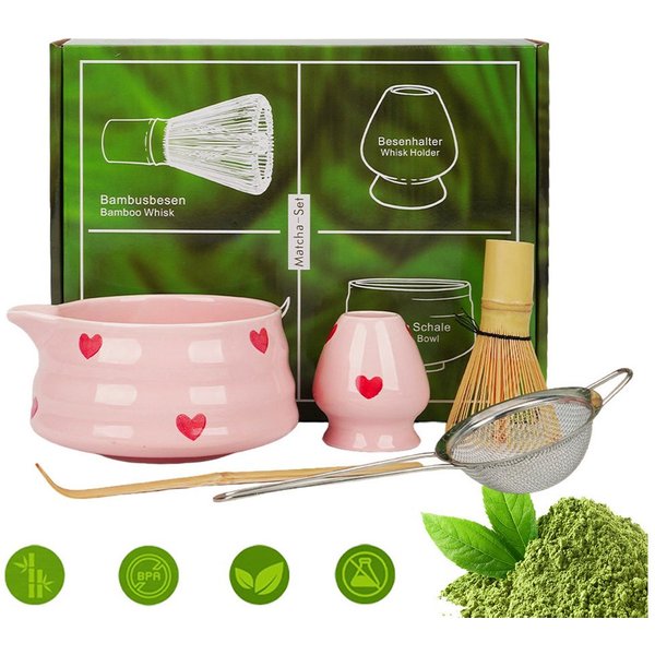 AKKEE Teeservice Matcha Set mit Teeschale, Matchabesen und Besenhalter, 1 Personen, 5 Artikel Matcha-Zubehör aus Keramik