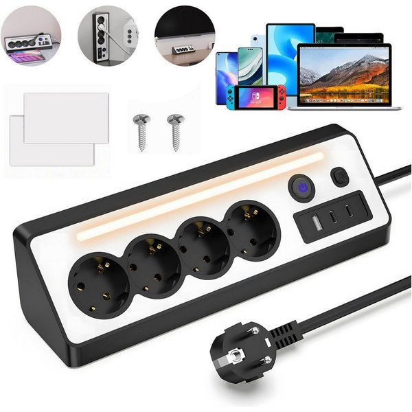 AKKEE Tischsteckdosenleiste, Eck-Steckdosenleiste Mehrfachsteckdose, 4 Fach Mehrfachsteckdose mit USB und 2 Type-C