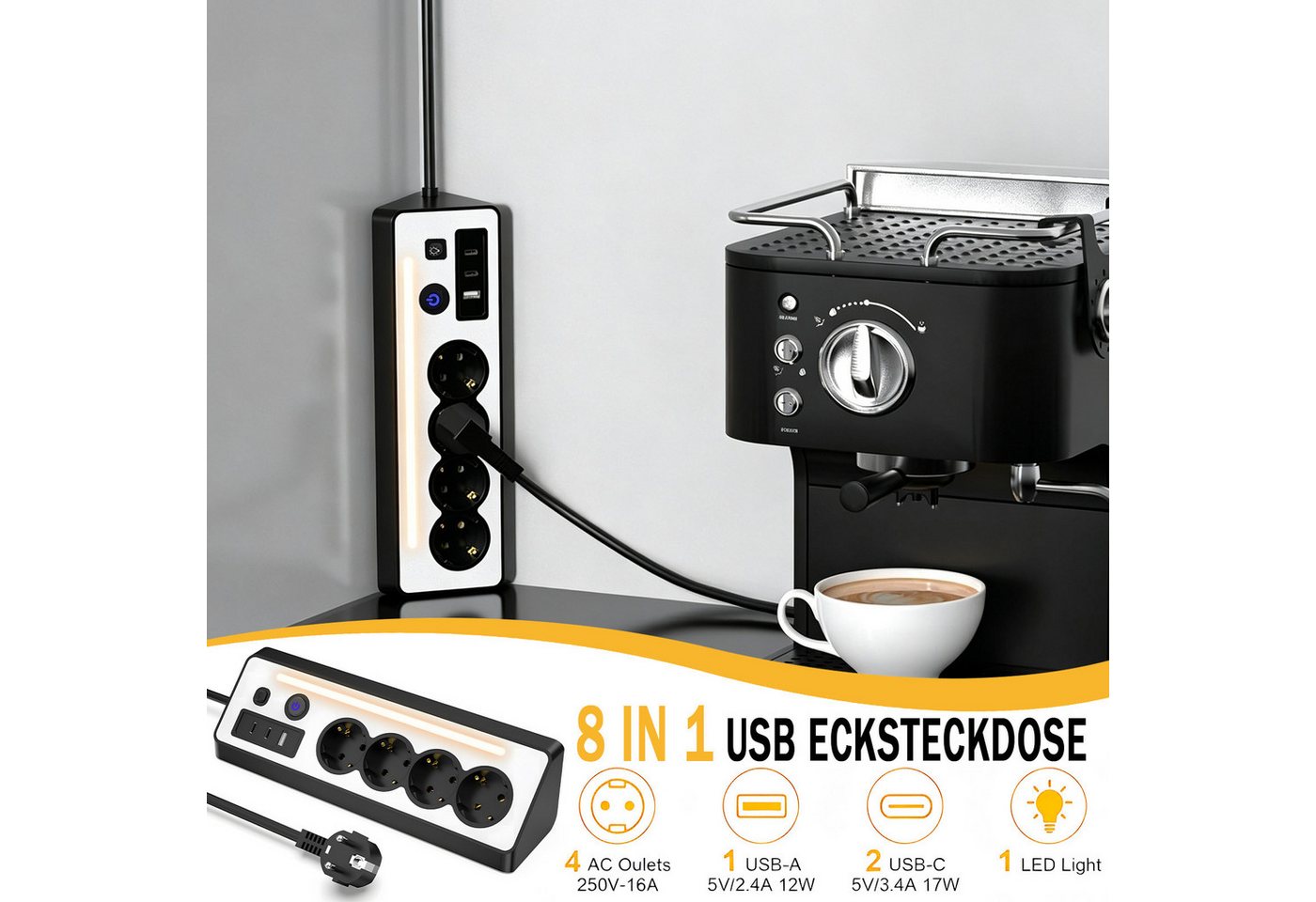 AKKEE Tischsteckdosenleiste, Eck-Steckdosenleiste Mehrfachsteckdose, 4 Fach Mehrfachsteckdose mit USB und 2 Type-C – Bild 3 von 5