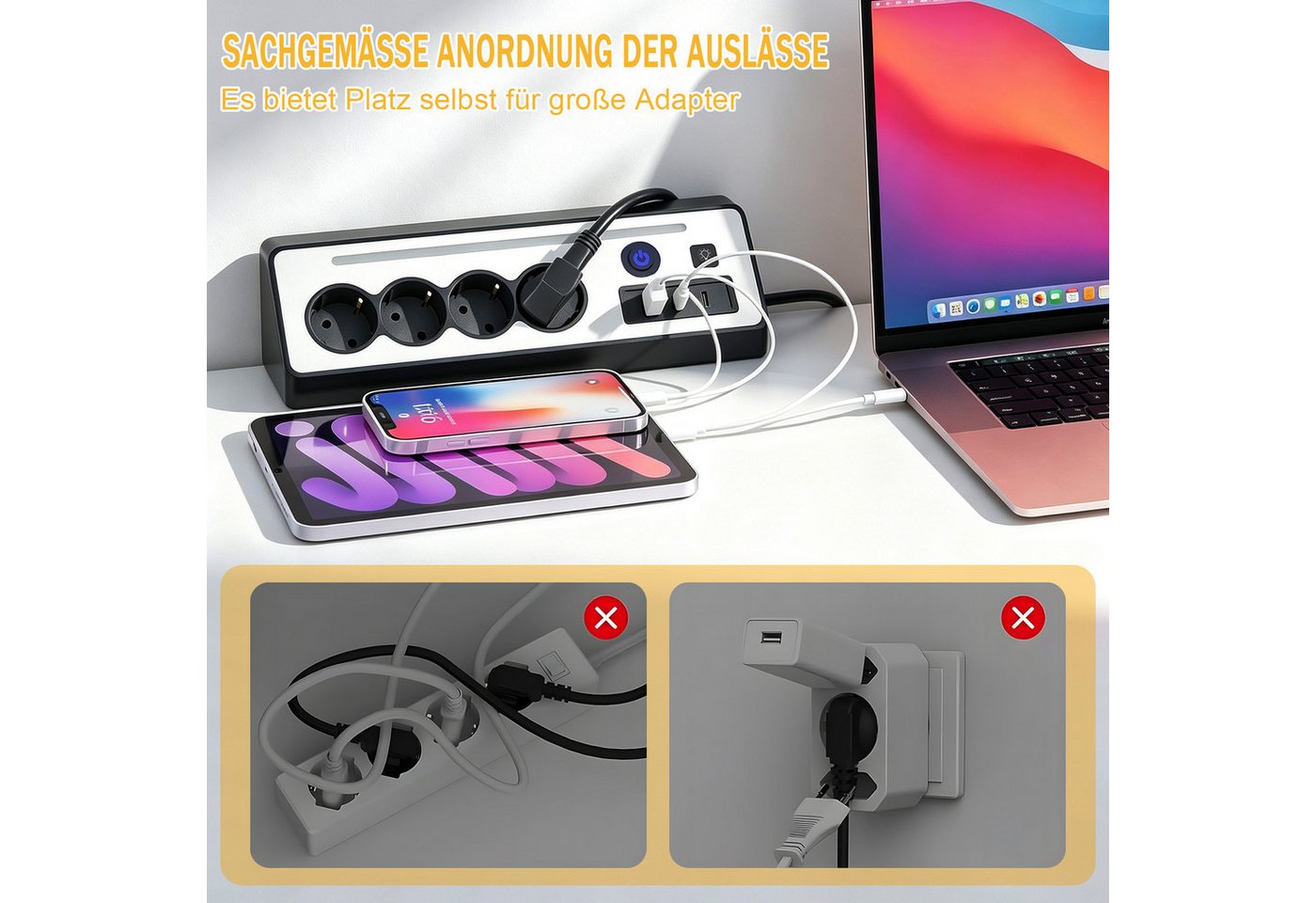 AKKEE Tischsteckdosenleiste, Eck-Steckdosenleiste Mehrfachsteckdose, 4 Fach Mehrfachsteckdose mit USB und 2 Type-C – Bild 4 von 5