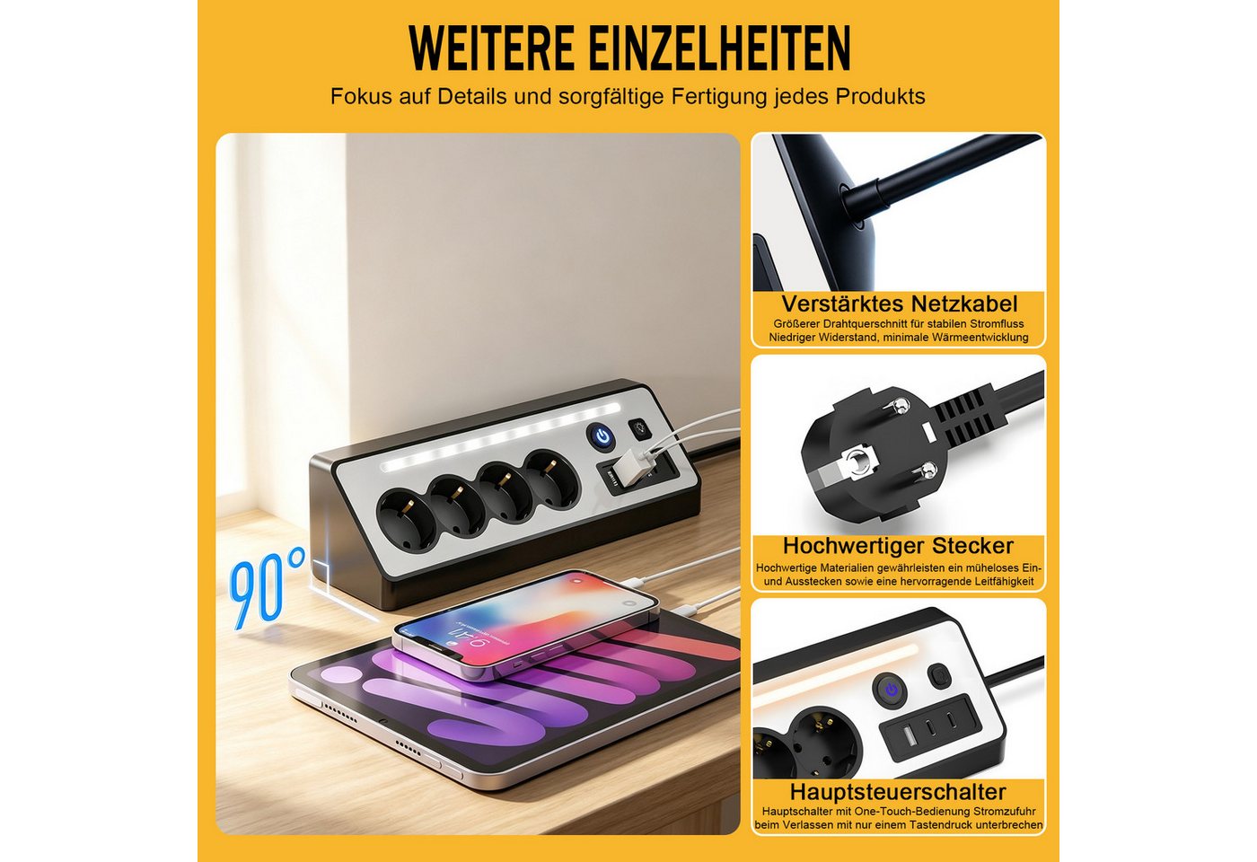 AKKEE Tischsteckdosenleiste, Eck-Steckdosenleiste Mehrfachsteckdose, 4 Fach Mehrfachsteckdose mit USB und 2 Type-C – Bild 5 von 5
