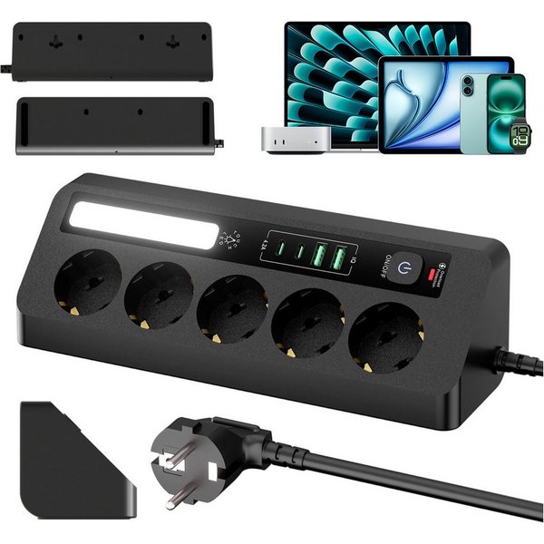 AKKEE Tischsteckdosenleiste mit 5 Steckdosen, LED-Lichtleiste Mehrfachsteckdose (LED), 2 USB-A-Anschlüssen und 2 USB-C-Anschlüssen Dreieckiges Design 90°