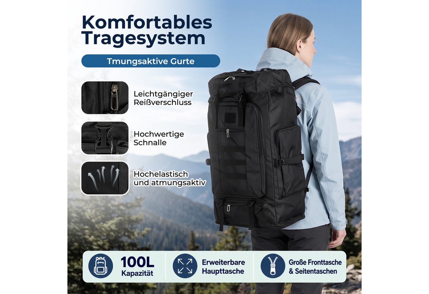 AKKEE Trekkingrucksack Wanderrucksack 100 L, Reiserucksack, Campingrucksack, Outdoorrucksack, Wasserdicht Kapazität erweiterbar für Damen und Herren beim Wander – Bild 2 von 5