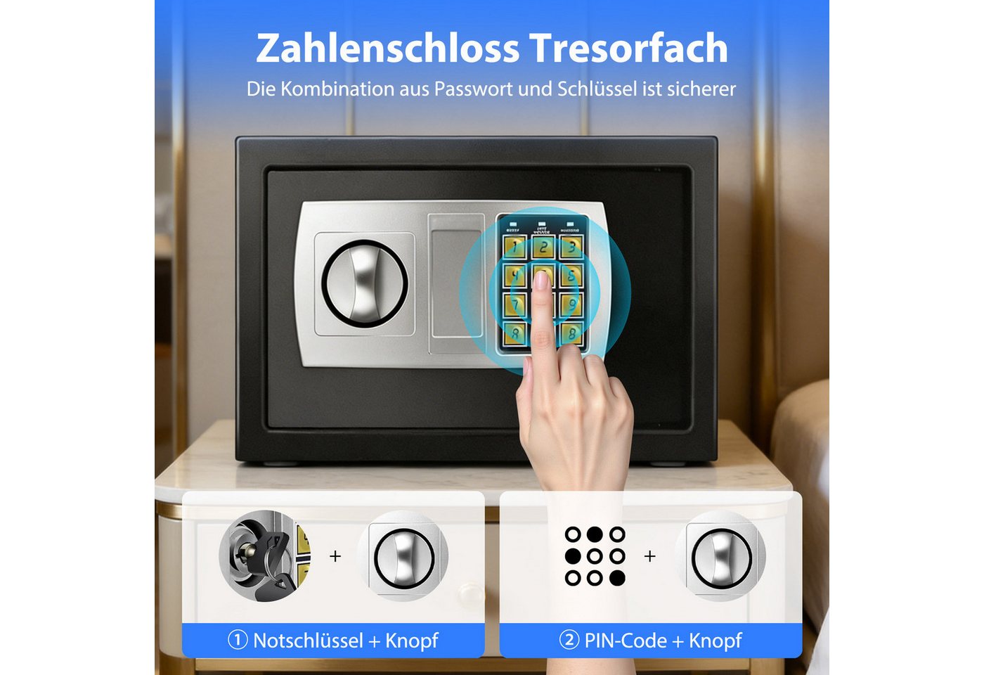 AKKEE Tresor Elektronischer Safe, 8,5L Elektronischer Passwort Safe, (31 x 20 x 20 cm, Abmessungen), mit Doppelbolzen-Verschlusssystem – Bild 2 von 5