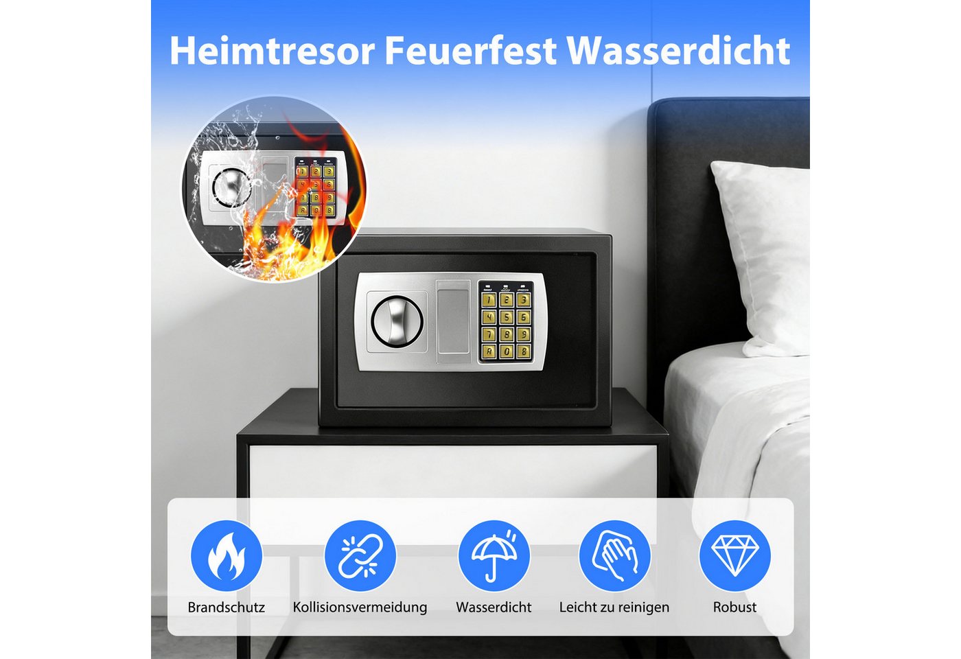 AKKEE Tresor Elektronischer Safe, 8,5L Elektronischer Passwort Safe, (31 x 20 x 20 cm, Abmessungen), mit Doppelbolzen-Verschlusssystem – Bild 5 von 5