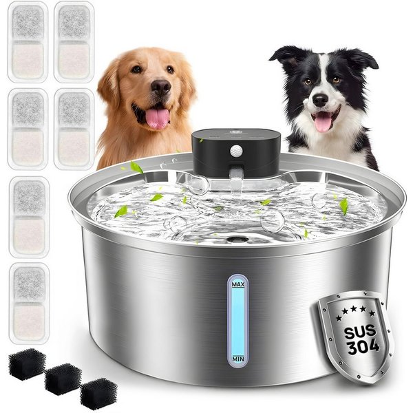 AKKEE Trinkbrunnen 3,2 L Katzenbrunnen Edelstahl Wasserspender Für Katze und Hunde, Mit Sensor-Timer Kabellos 6x Filterwatte