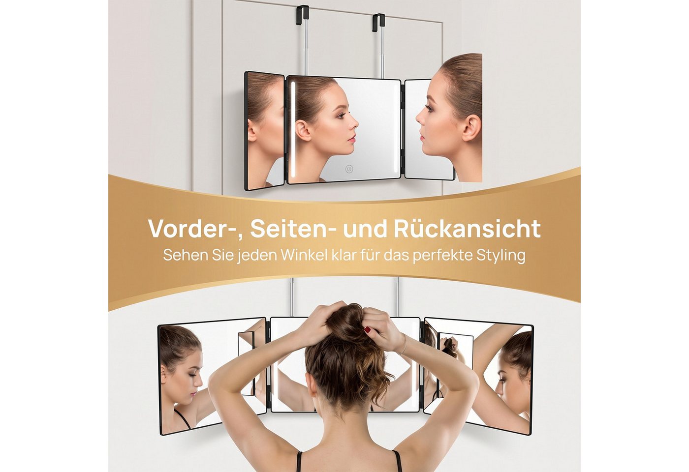 AKKEE Wandspiegel Klappspiegel, 3-seitiges Design mit LED-Beleuchtung, höhenverstellbar, Hängender, dreiseitiger, faltbarer Kosmetikspiegel für Zuhause. – Bild 2 von 5