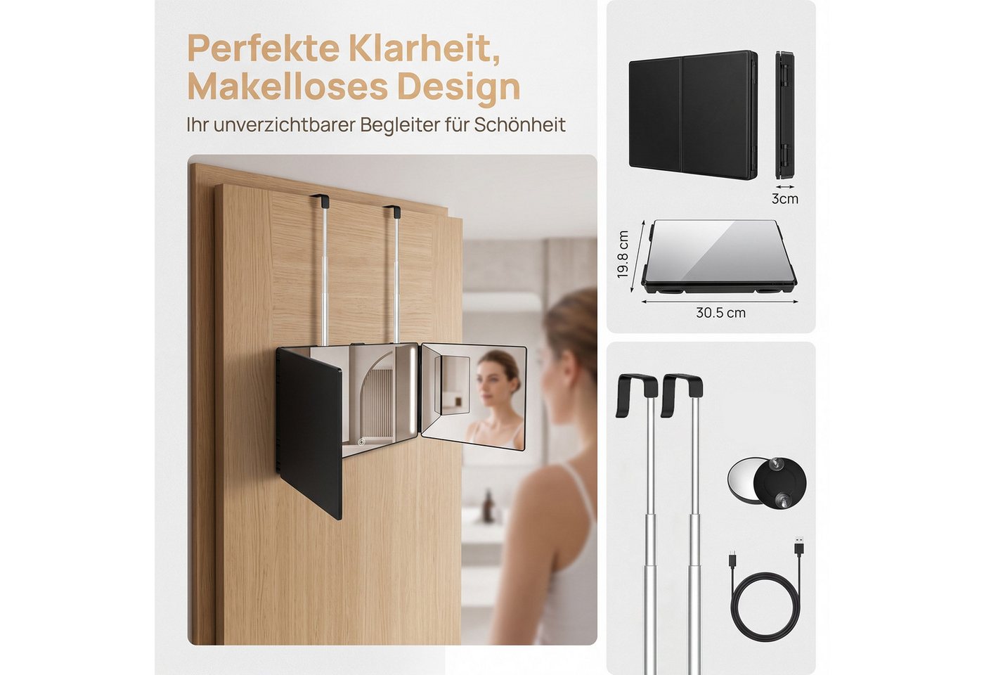 AKKEE Wandspiegel Klappspiegel, 3-seitiges Design mit LED-Beleuchtung, höhenverstellbar, Hängender, dreiseitiger, faltbarer Kosmetikspiegel für Zuhause. – Bild 3 von 5