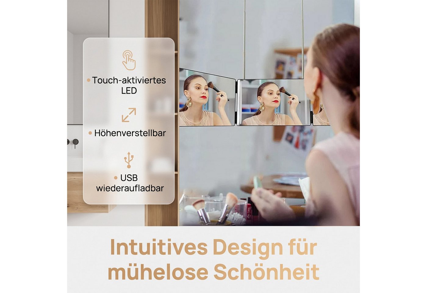 AKKEE Wandspiegel Klappspiegel, 3-seitiges Design mit LED-Beleuchtung, höhenverstellbar, Hängender, dreiseitiger, faltbarer Kosmetikspiegel für Zuhause. – Bild 4 von 5