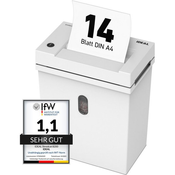 IDEAL Aktenvernichter IDEAL Shredcat 8200 CC, 4 x 40 mm Partikelschnitt, Sicherheitsstufe P-4, bis 14 Blatt, 21 l Auffangvolumen, DSGVO-konform