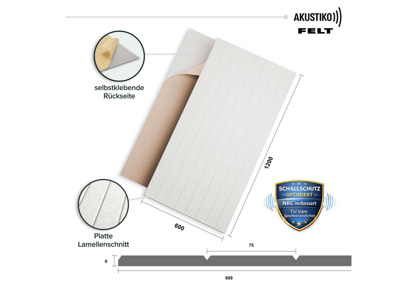 AKUSTIKO Schallschutzpaneel, BxL: 60x120 cm, (Selbstklebend 120x60cm - 8 Stück Weiß Akustik Wandpaneele Schallschutz & Raumakustik Panels Filz 9mm Hexim Decken- – Bild 2 von 5