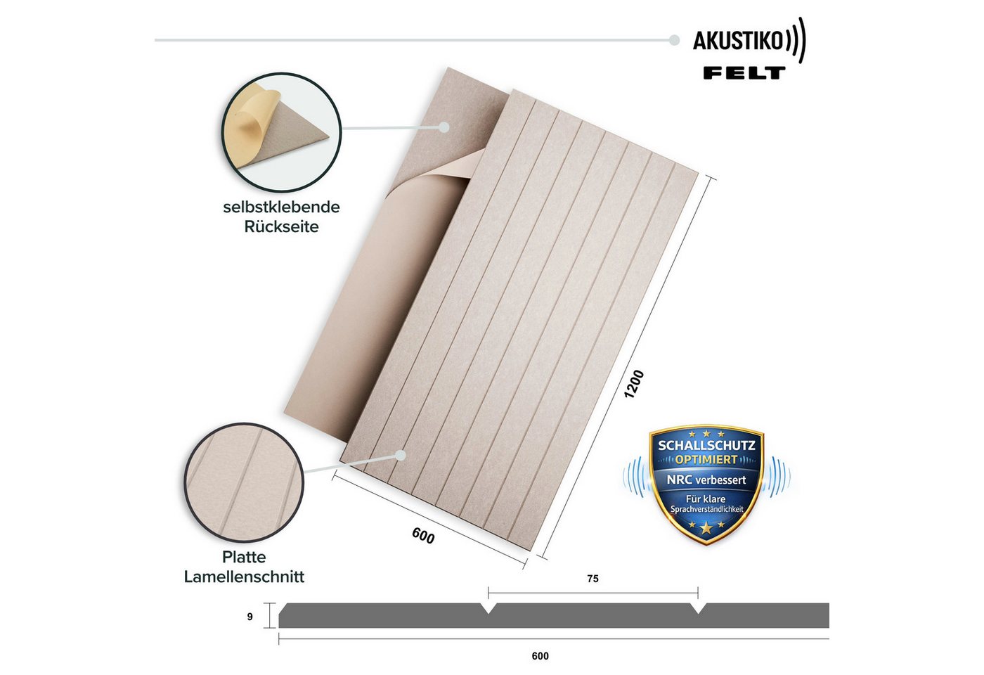 AKUSTIKO Schallschutzpaneel, BxL: 60x120 cm, (Selbstklebend 120x60cm - 8 Stück Beige Akustik Wandpaneele Schallschutz & Raumakustik Panels Filz 9mm Hexim Decken – Bild 2 von 5