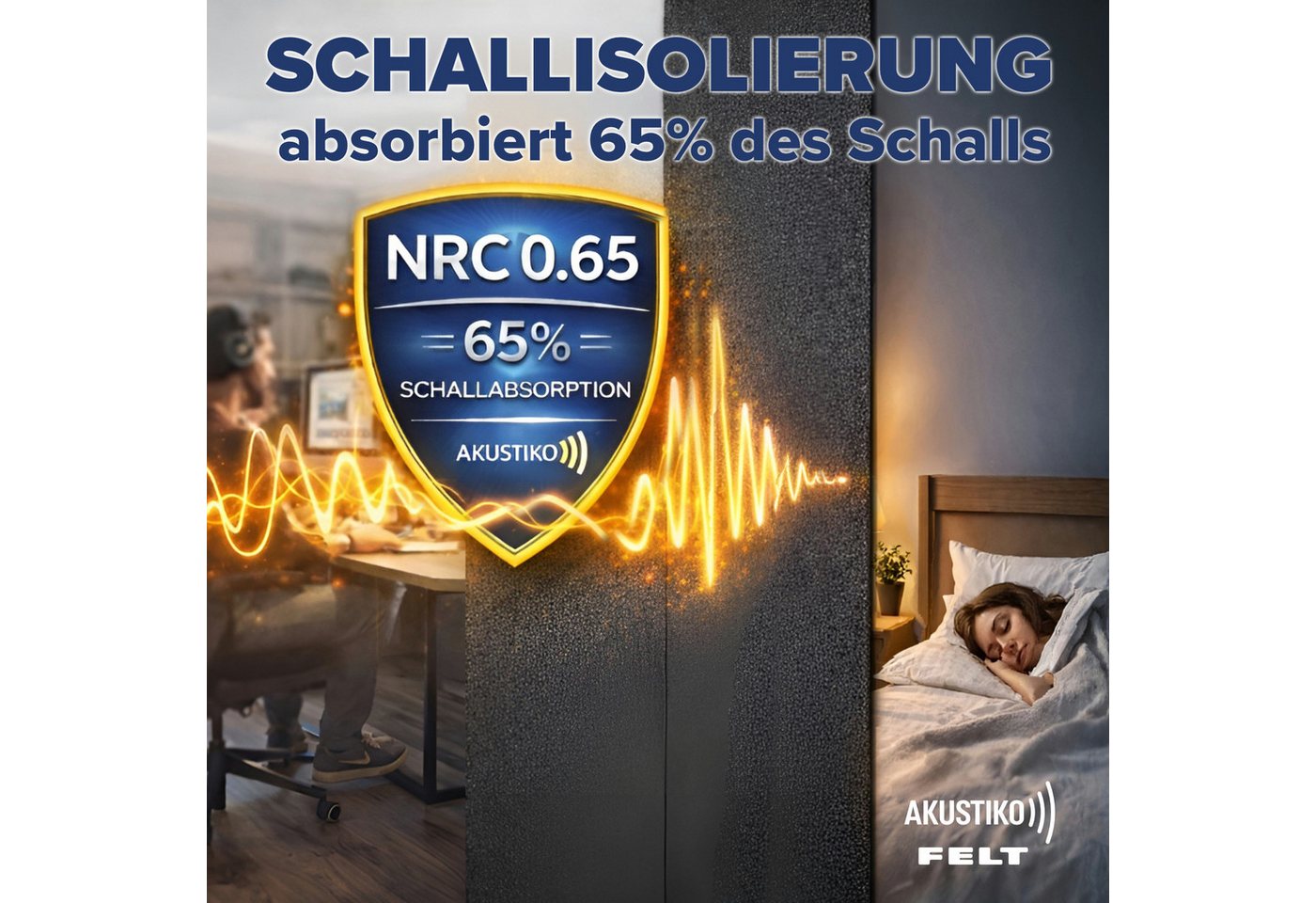 AKUSTIKO Schallschutzpaneel, BxL: 60x120 cm, (Selbstklebend 120x60cm - 8 Stück Beige Akustik Wandpaneele Schallschutz & Raumakustik Panels Filz 9mm Hexim Decken – Bild 3 von 5