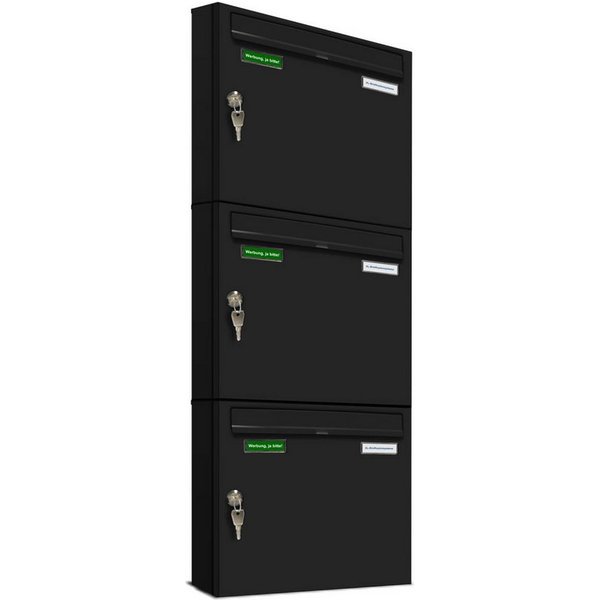 AL Briefkastensysteme Wandbriefkasten 3 Fach Basic Briefkasten A4 in RAL Farbe 9005 Tief Schwarz wetterfest