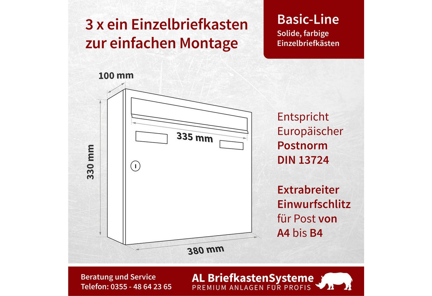 AL Briefkastensysteme Wandbriefkasten 3 Fach Basic Briefkasten A4 in RAL Farbe 9005 Tief Schwarz wetterfest – Bild 3 von 5