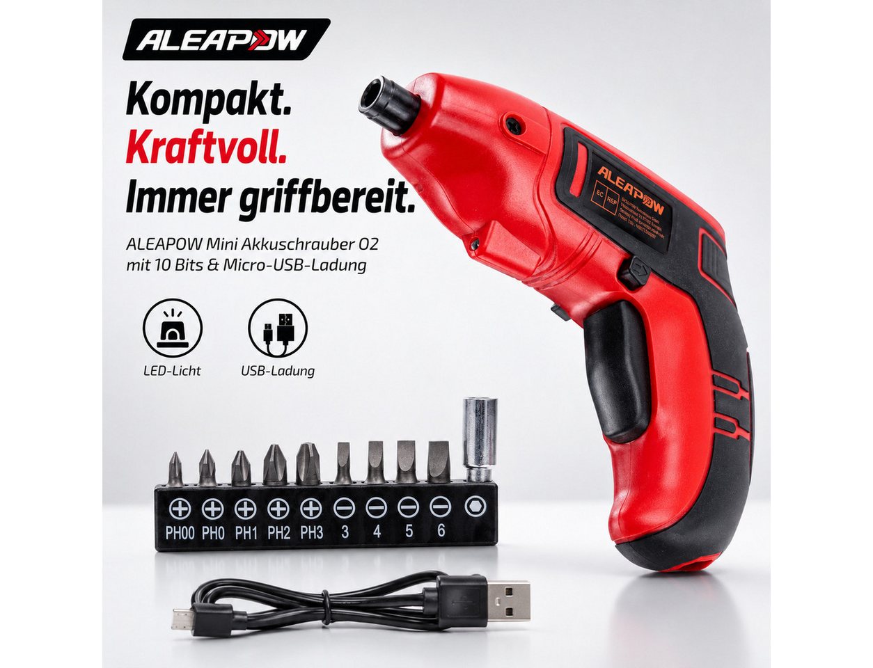 Aleapow Akku-Schrauber, 200,00 U/min, 5,00 Nm, (Mini Akkuschrauber, 11-tlg., 2000mAh 3,6 V Akkuschrauber Klein), Schraubendreher mit 9+1 Bits LED Licht, USB Lad – Bild 2 von 5