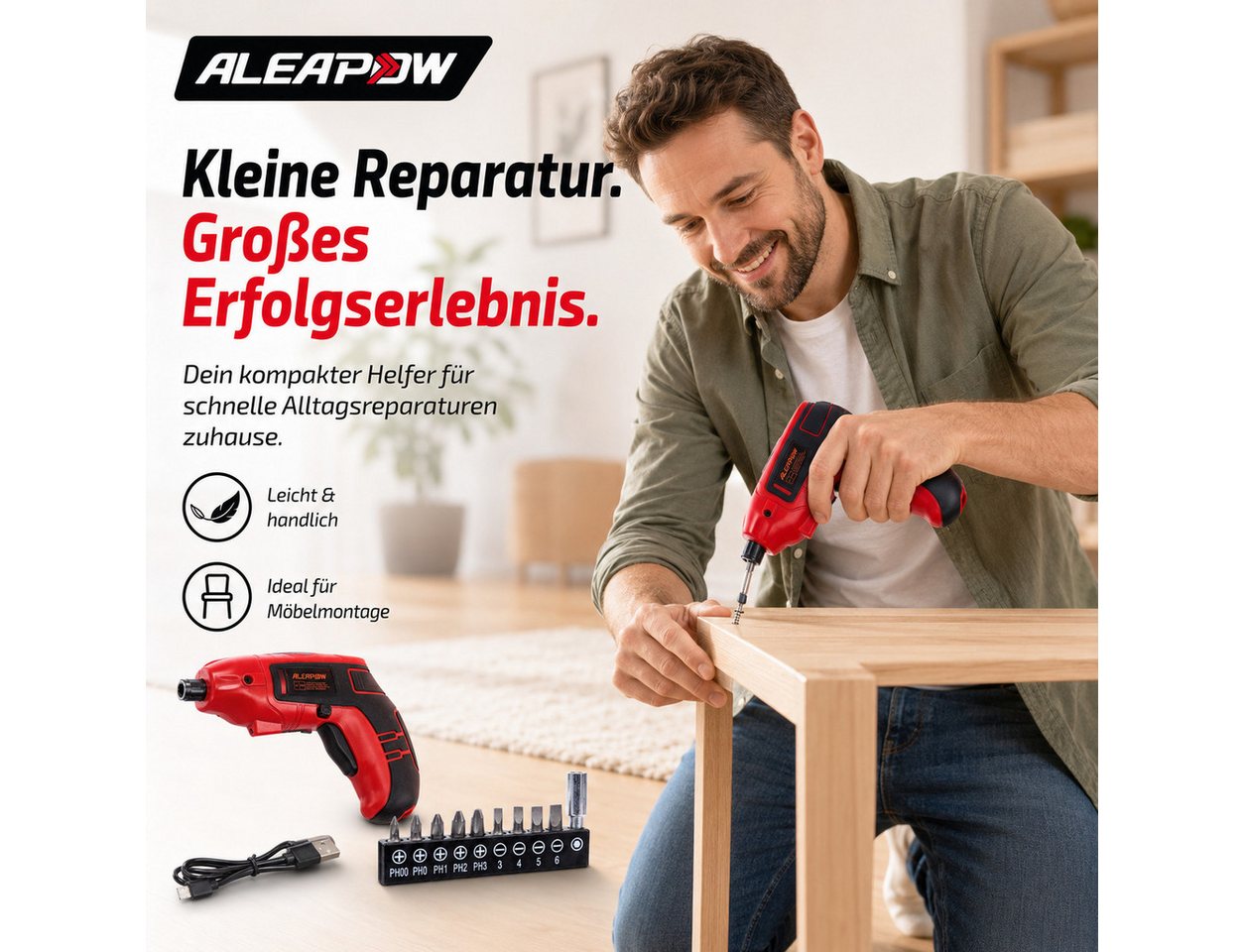 Aleapow Akku-Schrauber, 200,00 U/min, 5,00 Nm, (Mini Akkuschrauber, 11-tlg., 2000mAh 3,6 V Akkuschrauber Klein), Schraubendreher mit 9+1 Bits LED Licht, USB Lad – Bild 3 von 5