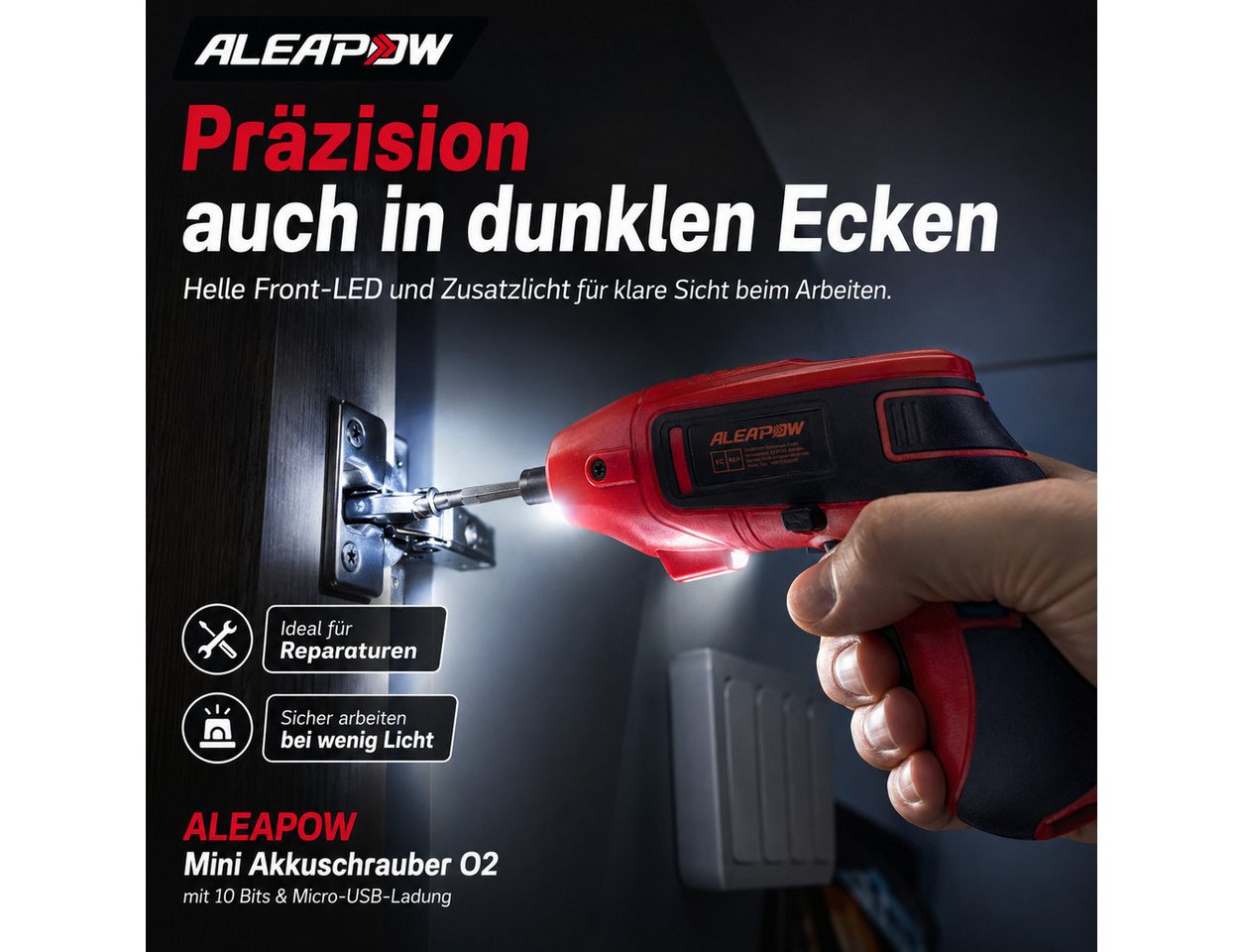Aleapow Akku-Schrauber, 200,00 U/min, 5,00 Nm, (Mini Akkuschrauber, 11-tlg., 2000mAh 3,6 V Akkuschrauber Klein), Schraubendreher mit 9+1 Bits LED Licht, USB Lad – Bild 4 von 5