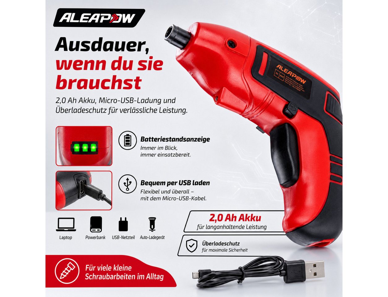 Aleapow Akku-Schrauber, 200,00 U/min, 5,00 Nm, (Mini Akkuschrauber, 11-tlg., 2000mAh 3,6 V Akkuschrauber Klein), Schraubendreher mit 9+1 Bits LED Licht, USB Lad – Bild 5 von 5