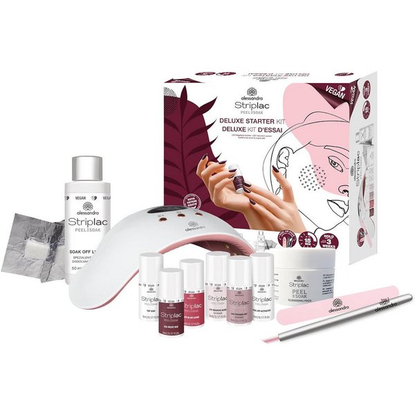 alessandro International GmbH Nageldesign Zubehör UV-Nagellack-Set Striplac Peel or Soak Deluxe, mit LED-Lampe, 4 Farben, 20-tlg., Bis zu 3 Wochen Halt, vegan, 