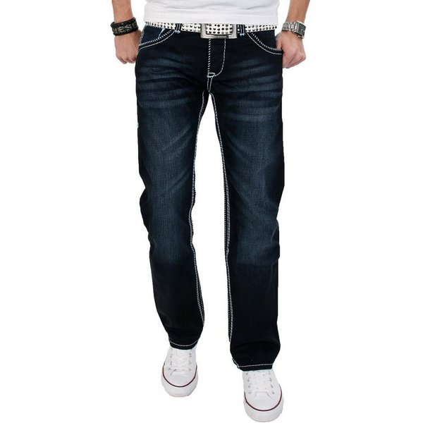 Alessandro Salvarini Straight-Jeans Herren Deep Blue – Designer Denim 5-Pocket Dunkelblaue Jeans mit Waschung und geradem Beinverlauf