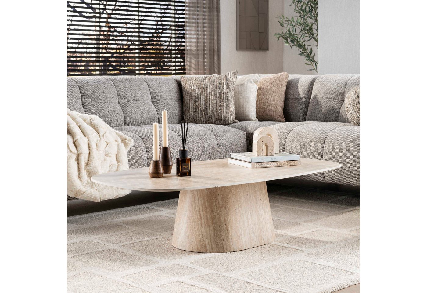 alesvelt Couchtisch CENTRO TRAVERTINO Dänisch-Ovaler Keramik-Couchtisch im Monolith-Design (1-Tisch), 135x70x35 cm Keramik, Travertin-Design – Bild 2 von 5