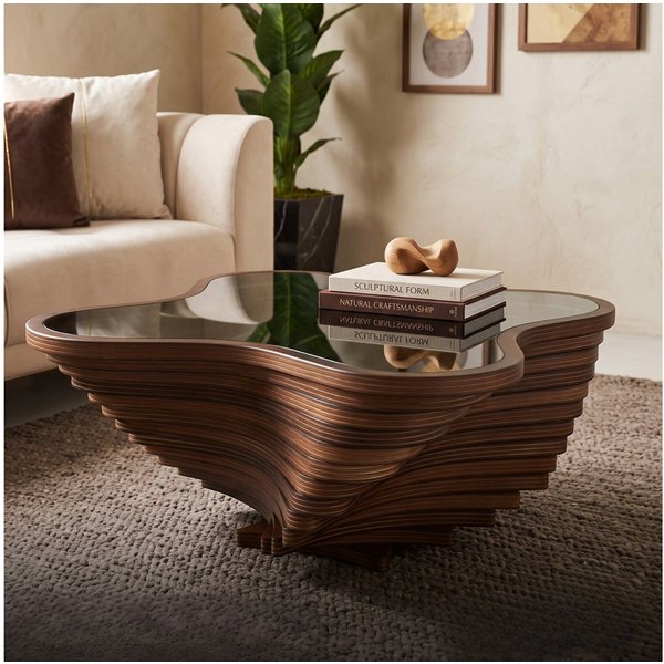 alesvelt Couchtisch rustikal handgefertigt Nussbaum Beistelltisch Glasplatte (1-Tisch), 90x90x39cm handgefertig Unikat Wellen-Optik MDF