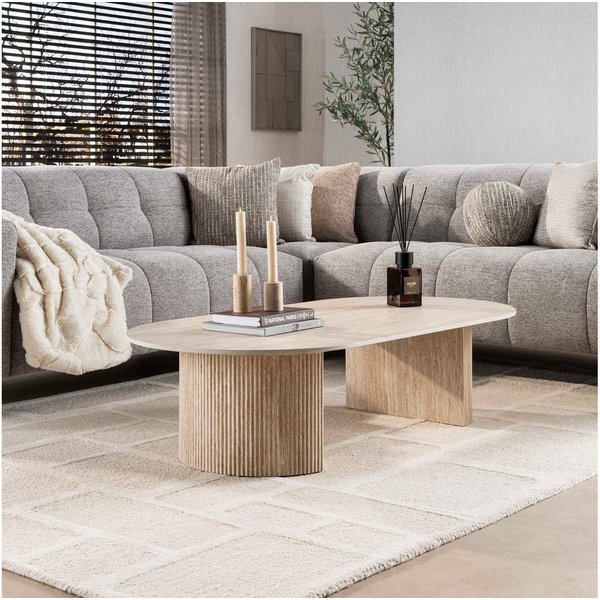 alesvelt Couchtisch SIENNA TRAVERTINO Lowboard-Tisch in organischer Säulen Rillen-Optik (1-Couchtisch), 135x70x42cm Travertin Design Säulenfuß