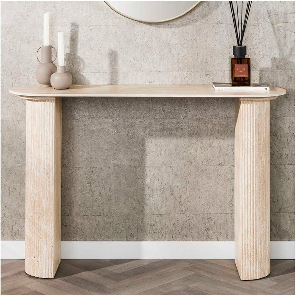 alesvelt Konsolentisch ROMANO ARCH Monolithisches Design mit Travertin-Keramik (1-Tisch), 120x35x78cm, Travertin-Design, Rillen-Säulen