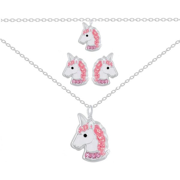 ALEXANDER YORK Schmuckset EINHORN Kristall pink, 5-tlg. (Kette mit Anhänger, Ohrstecker, Armband), 925 Sterling Silber