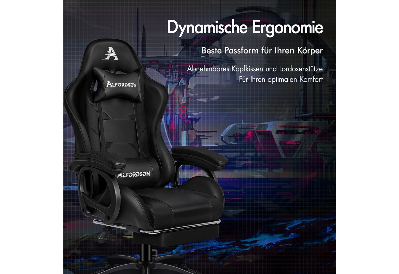 ALFORDSON Gaming-Stuhl mit Massage, verstellbar, PU-Leder, Schwarz – Bild 2 von 5
