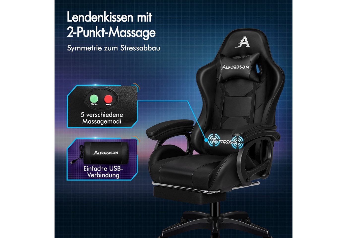 ALFORDSON Gaming-Stuhl mit Massage, verstellbar, PU-Leder, Schwarz – Bild 4 von 5