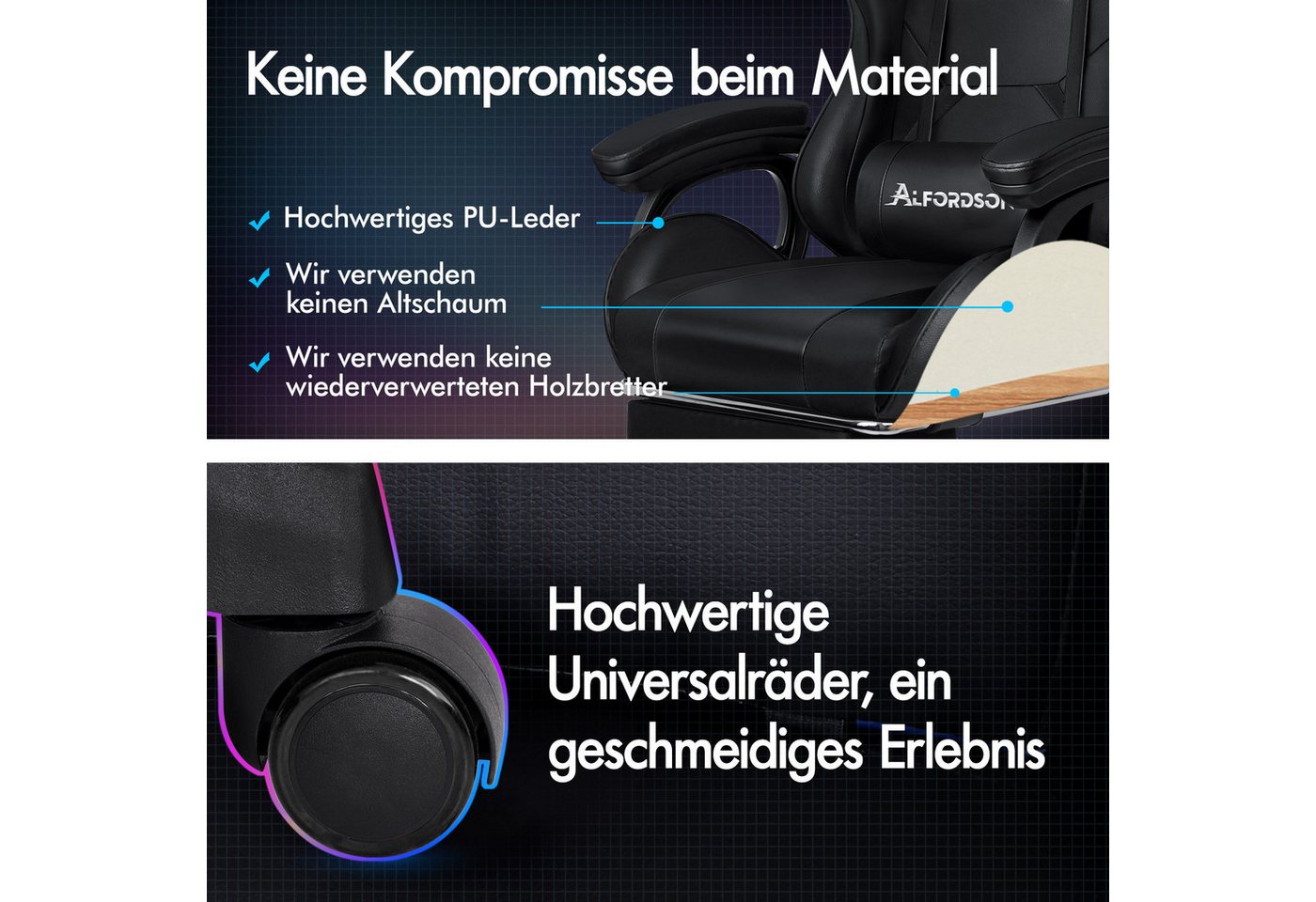 ALFORDSON Gaming-Stuhl mit Massage, verstellbar, PU-Leder, Schwarz – Bild 5 von 5