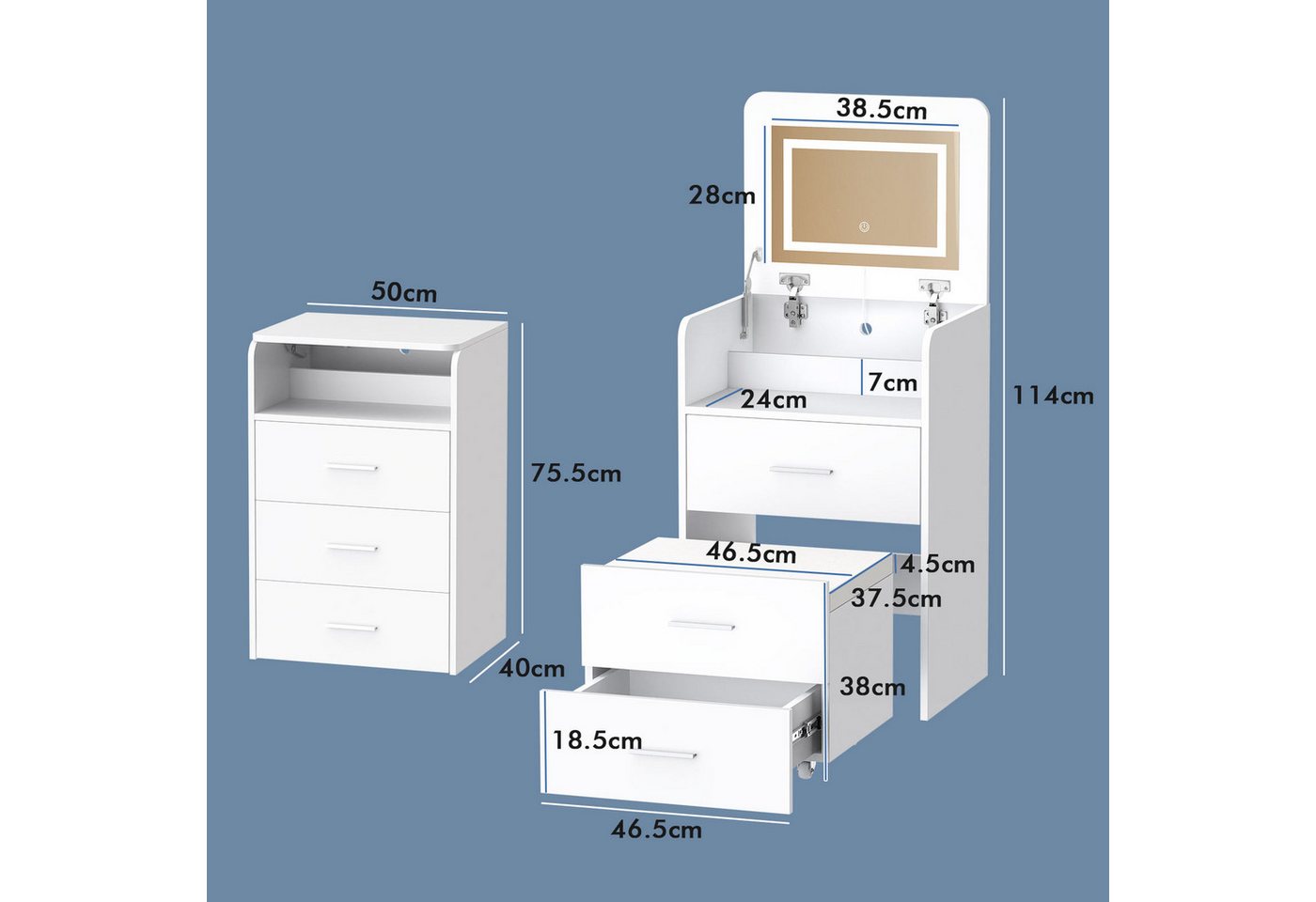 ALFORDSON Schminktisch LED-Nachttisch, tragbarer Schreibtisch, 3-in-1-Flip-Top-Design (1-St), Mit beleuchtetem Spiegel, Stauraum und klappbarer Platte – Bild 2 von 5