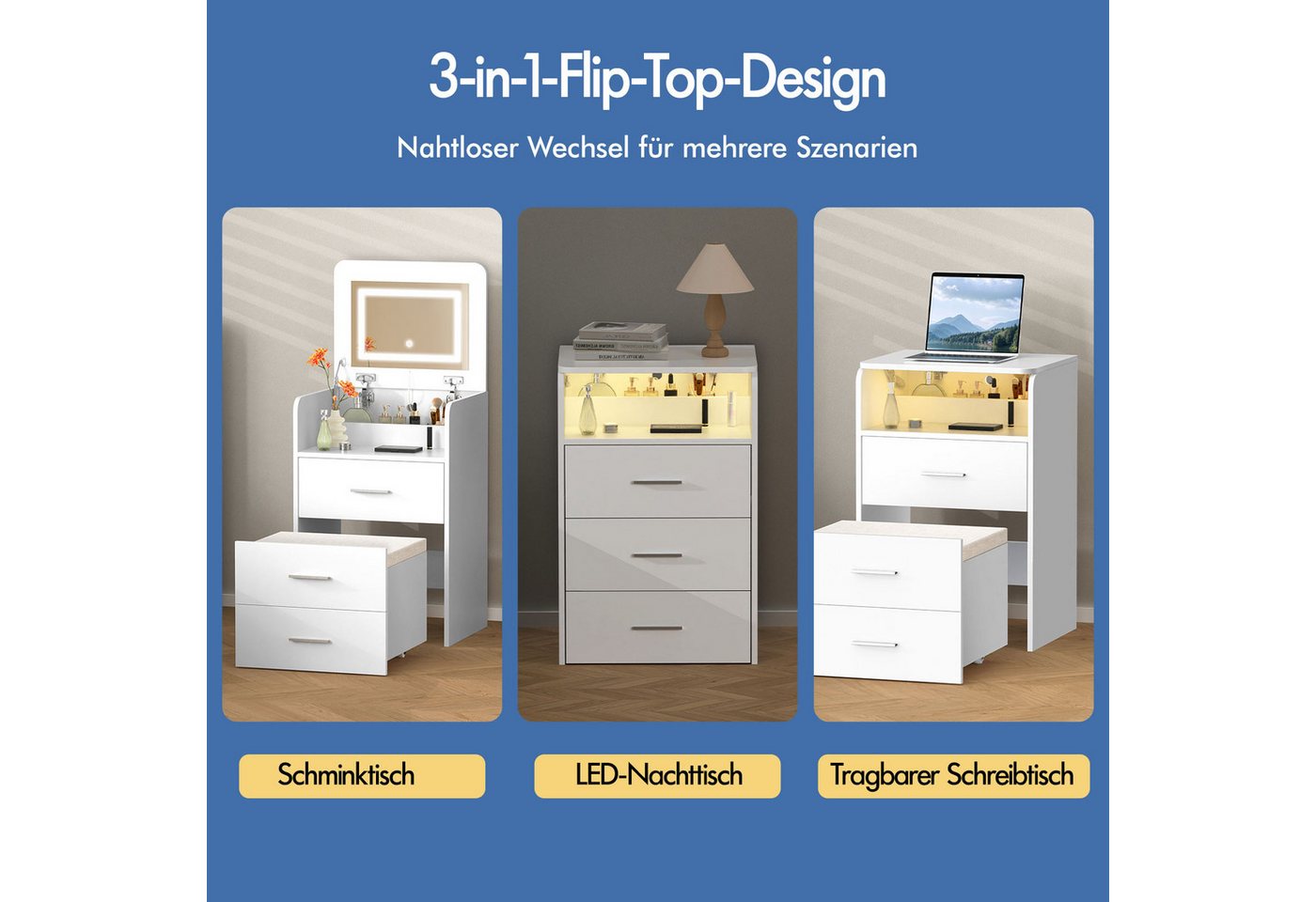 ALFORDSON Schminktisch LED-Nachttisch, tragbarer Schreibtisch, 3-in-1-Flip-Top-Design (1-St), Mit beleuchtetem Spiegel, Stauraum und klappbarer Platte – Bild 3 von 5