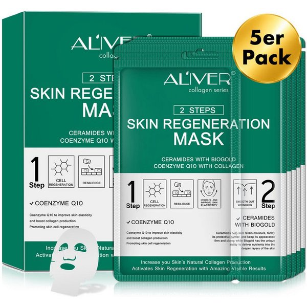 ALIVER Gesichtsmaske Tuchmaske 2-Step-System Anti-Aging Pflege mit Kollagen Coenzym Q10, 5-tlg., Hautstraffung, Nährend, Regenerieren, Revitalisieren, Verunrein