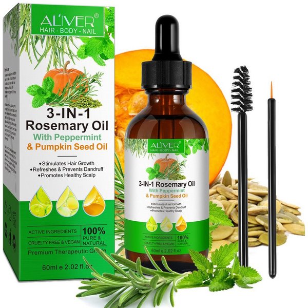 ALIVER Haaröl 3-in-1 Rosmarinöl Ätherisches Pfefferminzöl Kürbiskernöl, 1-tlg., 3-in-1-Rosmarinöl mit Pfefferminzöl und Kürbiskernöl 60 ml