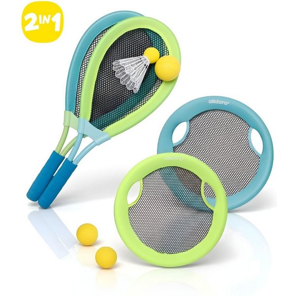 alldoro Beachballschläger 4 in 1 Beachball-Set, Federball, Softtennis, Wurfdisc & Beach-Tennis, 4 Outdoorspiele für Kinder & Erwachsene, für Garten, Strand & Pa