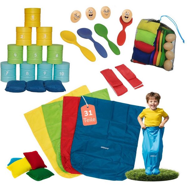 alldoro Spiel XL Kinderparty-Set, 31 Teile, Dosenwerfen, Sackhüpfen, Eierlauf & mehr, 5 Spiele für Kindergeburtstag, drinnen & draußen, Kinder ab 3 Jahre