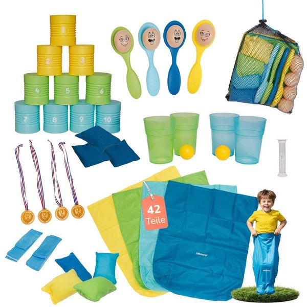 alldoro Spiel XXL Kinderparty-Set, 42 Teile, Dosenwerfen, Sackhüpfen, Eierlauf usw., 6 Spiele für Kindergeburtstag, drinnen & draußen, Kinder ab 3 Jahre