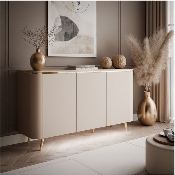 ALLHOUSE24 Kommode LINE Kaschmir mit goldenen Details, Push Open, abgerundeten Seiten (1x Kommode), Breite 140 cm