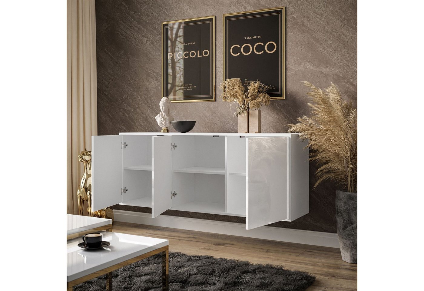 ALLHOUSE24 Kommode MANDY Dreitürige Kommode in Hochglanz Sideboard Kaschmir Weiß (1x Kommode), Breite: 154 cm – Bild 3 von 5