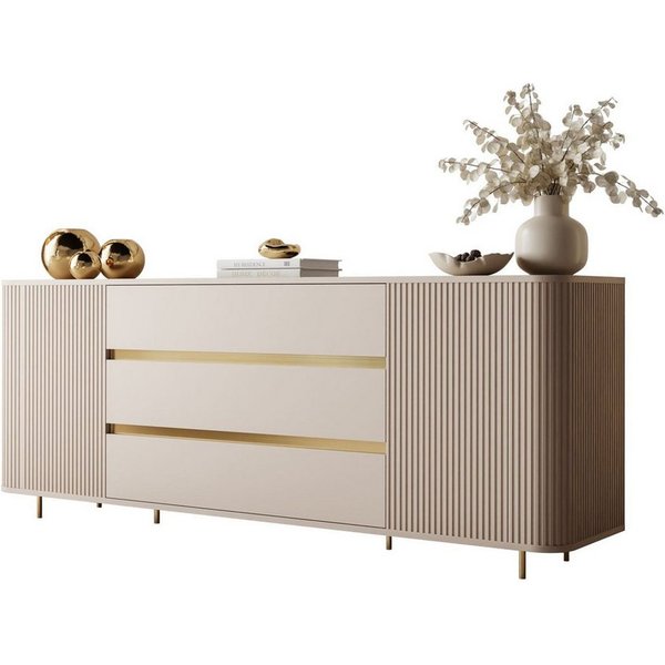 ALLHOUSE24 Kommode MIRACLE Sideboard Sandbeige mit Rillenfronten und abgerundeten Seiten (1x Kommode), Breite 180 cm