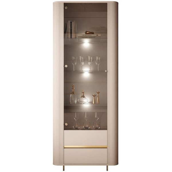 ALLHOUSE24 Vitrine MIRACLE Sandbeige, Glasvitrine, Rillenstruktur, Metallfüße (1x Vitrine) Breite 76 cm