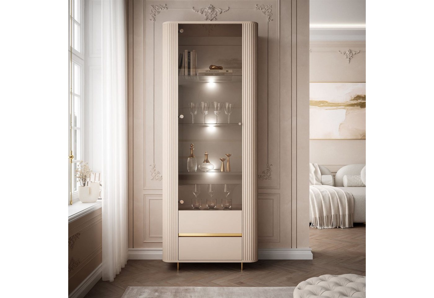 ALLHOUSE24 Vitrine MIRACLE Sandbeige, Glasvitrine, Rillenstruktur, Metallfüße (1x Vitrine) Breite 76 cm – Bild 2 von 5