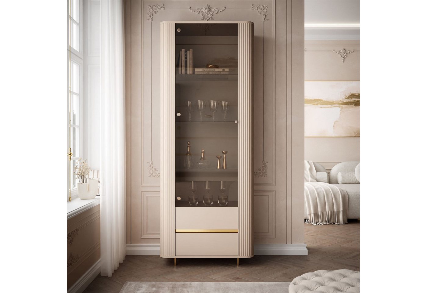 ALLHOUSE24 Vitrine MIRACLE Sandbeige, Glasvitrine, Rillenstruktur, Metallfüße (1x Vitrine) Breite 76 cm – Bild 2 von 5