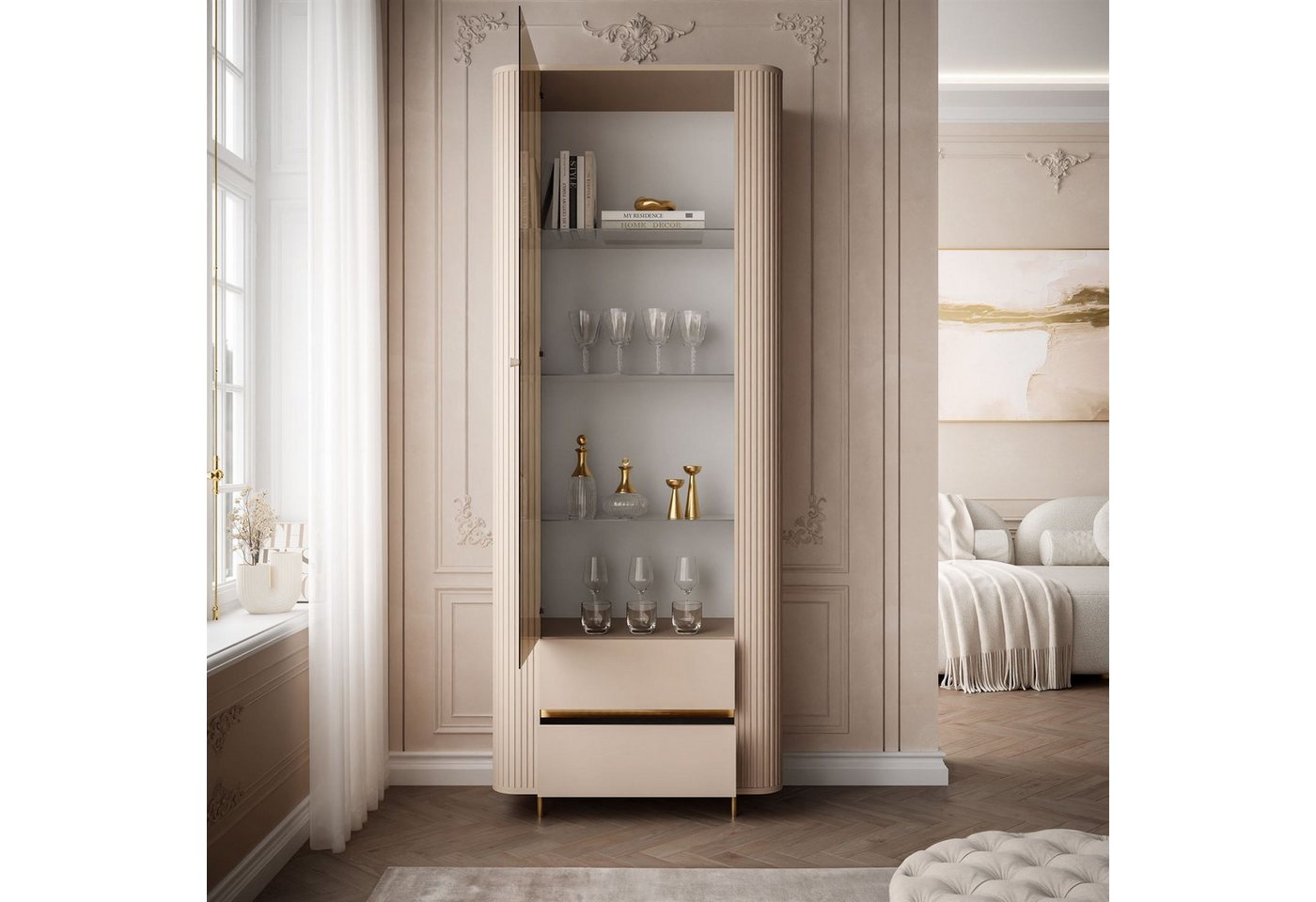 ALLHOUSE24 Vitrine MIRACLE Sandbeige, Glasvitrine, Rillenstruktur, Metallfüße (1x Vitrine) Breite 76 cm – Bild 3 von 5