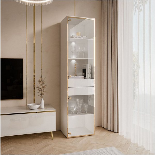 ALLHOUSE24 Vitrine PEONY Breite 45 cm Glasvitrine mit LED Beleuchtung weiß gold GLANZ (1x Vitrine) Breite 45 cm
